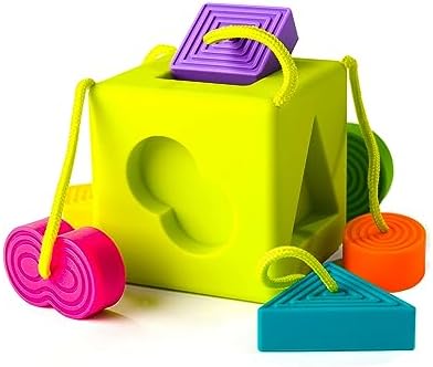 Fat Brain Toys OombeeCube, Toddler and Baby Toys 10 Months and Up, Travel-Friendly Shape Sorter with Tethered Shapes for Early Learning - Image 3