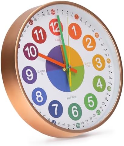 Kids Wall Clock Telling Time Silent Non-Ticking Learning Clock Colorful Teaching Wall Clocks Round Plastic Analog Educational Decor Clock for Classroom, Playroom (EDU1-Rose Gold, 10 inch) - Image 3