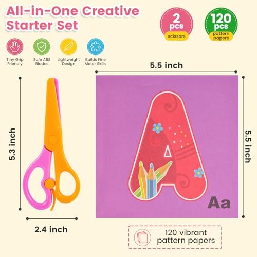 Koogel Toddler Scissors Practice Kit, 2 Safety Scissors & 120 Craft Papers - Image 2