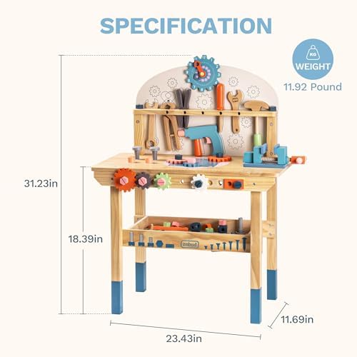 ROBUD Wooden Play Tool Workbench Set for Kids, Construction Toy Bench - Image 3