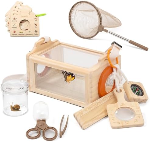 Wooden Bug Catcher Kit for Kids, 16-in-1 Outside Toys for Toddlers STEM Outdoor Explorer Set with 3-Way Observation Habitat, Butterfly Net, Magnifying Glass, Educational Gift for Boys Girls Ages 3-8 by Quibbyboo