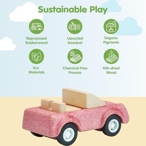 PlanToys® Pink Sports Car Wooden Montessori Vehicle Kids Indoor Play Toy - Image 3