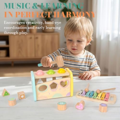WOODENFUN Hammering Pounding Toys Wooden Educational Xylophone Shape Sorter - Image 6