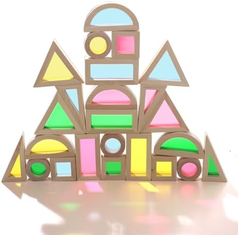 Dinhon 24-Piece Acrylic Montessori Blocks for 18+ Months -Rainbow Stacking Toy, Non-Toxic Wooden Framed Geometric Blocks for Early STEM Learning & Sensory Play, Ideal Gift for Boys/Girls by Dinhon