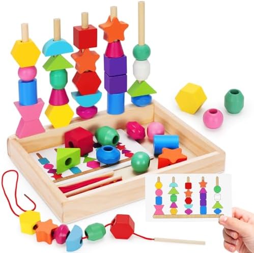 TooyBing Montessori Wooden Lacing Beads Toys for 3 4 Year Old Toddler Kids, Sequencing & Stacking Block Toy with Storage Box, STEM Preschool Learning Toys, Christmas Birthday Gifts for Boys Girls by TooyBing