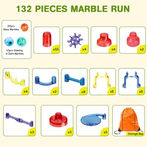 Meland Marble Run - 132Pcs Marble Maze Game Building Toy for Kid, Marble Track Race Set & STEM Learning Toys for Boy Girl Age 3 4 5 6 7 8 9+ (102 Translucent Marbulous Pcs & 30 Glass Marbles) - Image 2