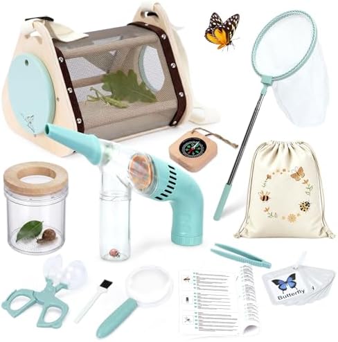 Kids Bug Catcher Kit, 11-Piece Outdoor Explorer Set with Bug Vacuum, Wooden Insect House, Butterfly Net, Ages 4-8 by Sumsoltic