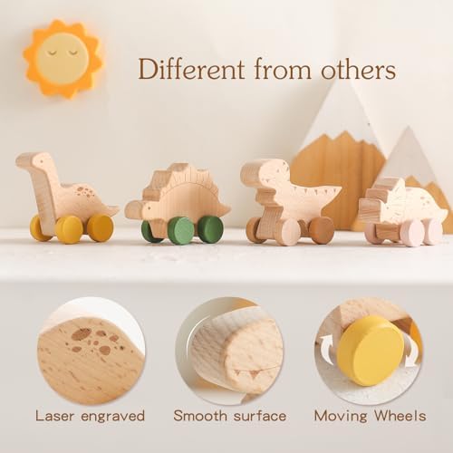 Wooden Dinosaur Cars Montessori Toys for Babies Baby Push Car Toys Wooden Toy Vehicles Development and Infant Grasping Montessori Toys(3PCS) - Image 6