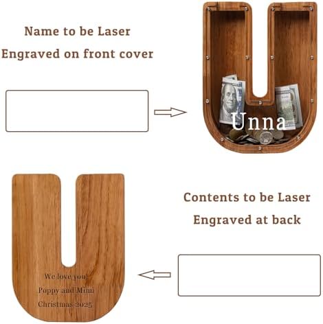 Personalized 12" Extra Large Wooden Letter Piggy Bank for Kids Boys Girls, (Laser Engraved Name) Custom Initial Letter Shape Piggy Bank, Alphabet Coin Bank Grandchildren Birthday - Image 2