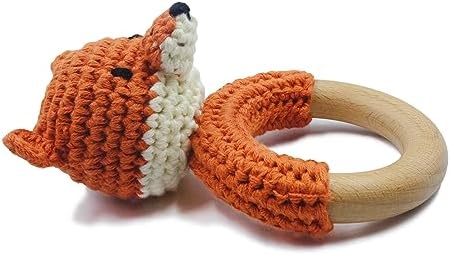 Joliecraft Safari Animals Wooden Baby Rattle Toys Stuffed Crochet Rattle with Teether Ring for Newborn, Orange Fox - Image 2