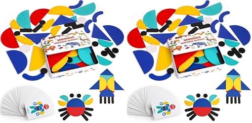 LovesTown Wooden Pattern Blocks Montessori Toys for Toddler Kids Open Ended Shape Puzzles Educational Tangram Preschool Learning Toy with 60 Cards 36 PCS (Pack of 2) by Lovestown