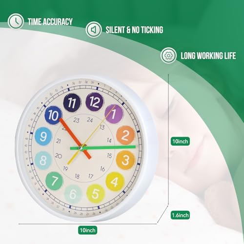 Kids Wall Clock Telling Time Silent Non-Ticking Learning Clock Colorful Teaching Wall Clocks Round Plastic Analog Educational Decor Clock for Classroom, Playroom, Bedroom(EDU3-White, 10 inch) - Image 2