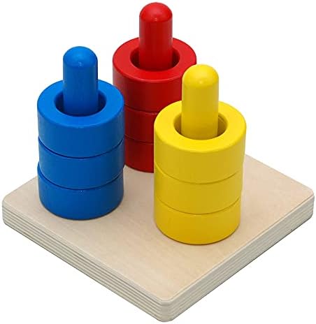 Elite Montessori 3 Wooden Colored Discs on Colored Dowels for 6+ Months, 1 Year Old Baby, Brain Development and Eye Hand Coordination Activities by EliteMontessori