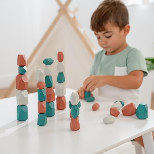 Comfy Cubs Stacking Rocks 36 Pieces, 36 Months+, Educational Toddler Stacking Blocks, Promotes Imagination, Balance & Fine Motor Skills - Wooden Rocks Sensory Toys Gift for Kid, Dino Pack - Image 2