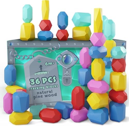 Wooden Stacking Blocks – Montessori Toys for 1 2 3 4 5 6 Year Old Toddlers and Kids, No Choking Hazard – Building Rocks Stones Games, for Girls and Boys by EVERSMART
