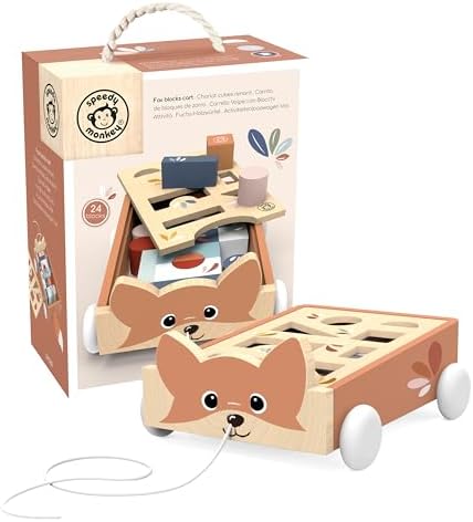 SPEEDY MONKEY Wooden Fox Blocks Cart | 24-Block Wagon Pull Toy Kids Gift by SpeedyMonkey