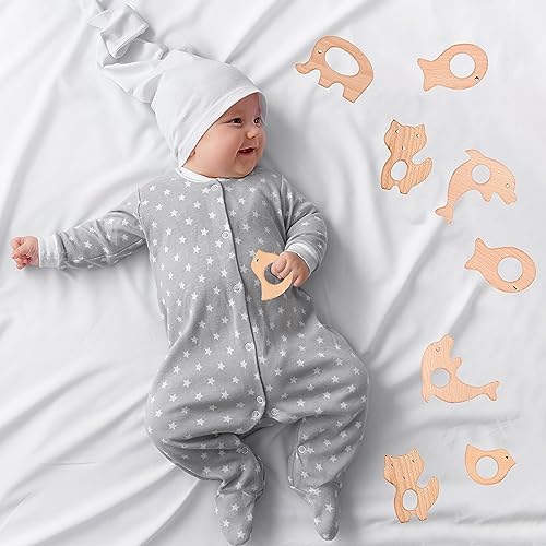IoF 12 Pcs Teething Toys for Babies, Natural Wooden Teething Rings Baby Teether Chew Toys for Infant Toddler Teethers Crackers Animal Set Pain Relief Handmade Hanging Ring Set Toy - Image 4