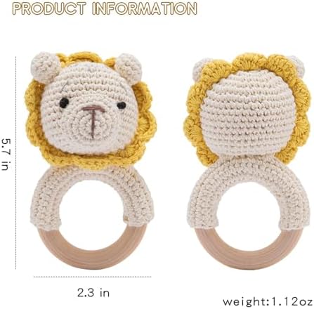 Wooden Baby Rattle Crochet Lion Baby Toys Handmade Newborn Toy Early Development Grips Stuffed Animal Organic Rattle - Image 6
