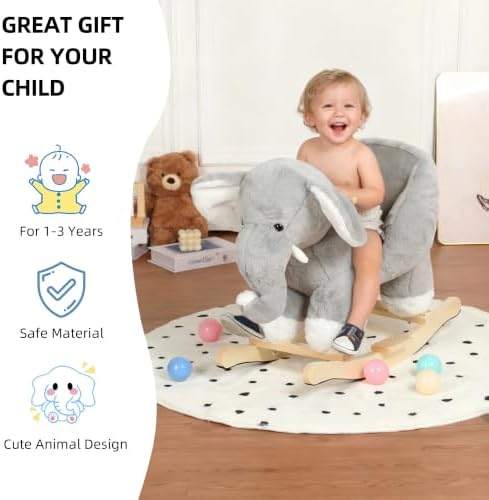 Elephant Rocking Horse with Sound and Music for Ages 12-36 Months, Grey - Image 3