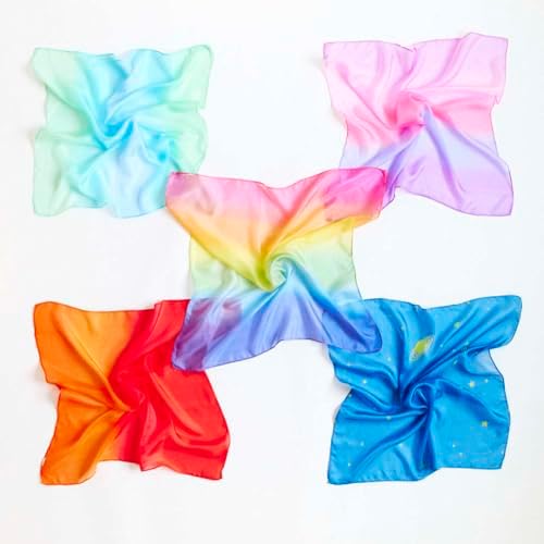 Sarah's Silks - Set of 5 Enchanted Mini Playsilks, 100% Silk 21" Square Scarf for Dance, Movement and Pretend Play - Rainbow, Starry Night, Sea, Fire and Blossom Scarves - Image 4