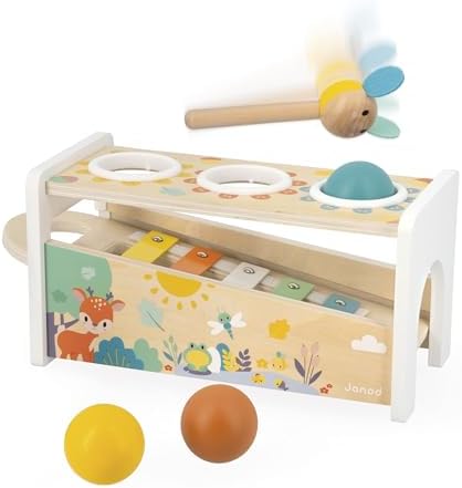 Janod Pure Tap Pastel Wooden Xylophone Pounding Bench with Cherry Wood Balls & Bee Shaped Hammer for Ages 12+ Months (J05155) - Image 5