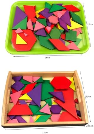 Montessori Geometric Shape Boards, Colorful Wooden Pattern Blocks Set, Early Math Educational Toy,Plastic Tray - Image 3