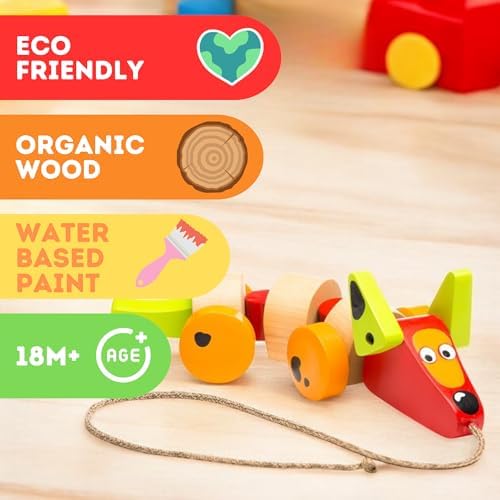 Cubika Wooden Walk Along Sausage Dog – Pull Toy for Toddlers Ages 1-3 – Montessori Inspired, FSC-Certified Wood, German Water-Based Paint – Travel Wooden Toys for Boys and Girls - Image 6