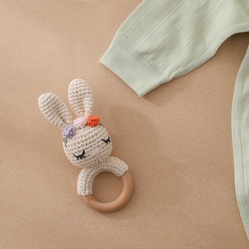 Natural Hand-Knit Wooden Baby Rattle - Soft Animal Shaped Sensory Toy for Newborns, Infants | Safe Beechwood & Crochet Texture | Perfect Baby Shower Gift by GOODMOM