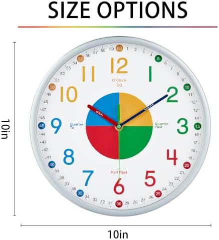 HZDHCLH Kids Wall Clock for Learning to Tell Time, 10 Inch Silent Non Ticking Analog Clock with Four Color Time Disc Battery Operated Educational Clock for Classroom, Bedroom, Homeschool (pale silver) - Image 5