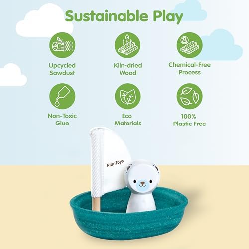 PlanToys® Polar Bear Sailing Boat Bath Toy for Toddlers, Montessori Wooden - Image 3