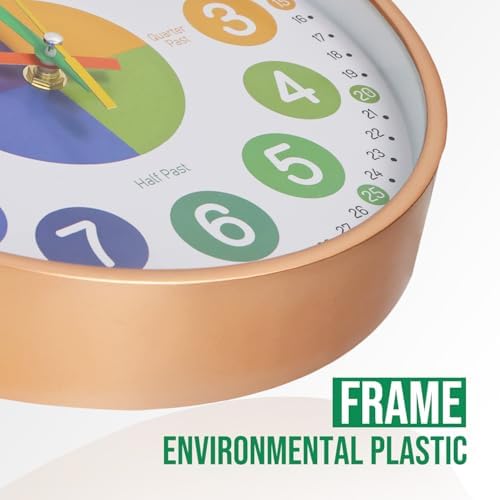 Kids Wall Clock Telling Time Silent Non-Ticking Learning Clock Colorful Teaching Wall Clocks Round Plastic Analog Educational Decor Clock for Classroom, Playroom (EDU1-Rose Gold, 10 inch) - Image 4