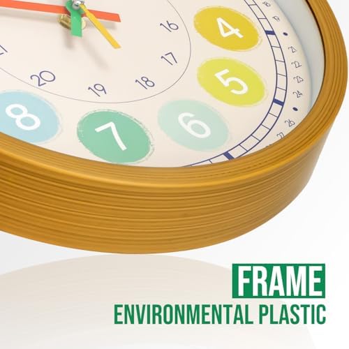 Kids Wall Clock Telling Time Silent Non-Ticking Learning Clock Colorful Teaching Wall Clocks Round Plastic Analog Educational Decor Clock for Classroom, Playroom, Bedroom (EDU3-Wood, 10 inch) - Image 4