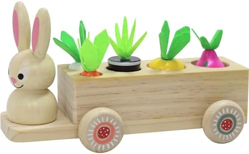 Adventure Awaits! Wooden Rabbit Pull Cart Farm Toy with Removeable Vegetables for Toddlers | Kids Montessori Easter Bunny Shape Sorting Car by AdventureAwaits