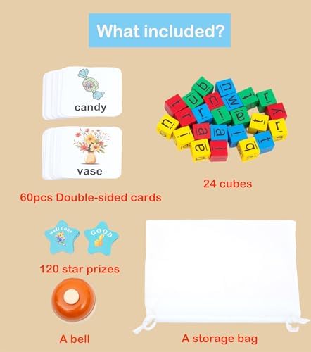 Word Race Cube Game, 60PCS 120 First Words, Wooden Alphabet Letter Blocks Phonics Matching Games for Kids Ages 3-8 - Image 2