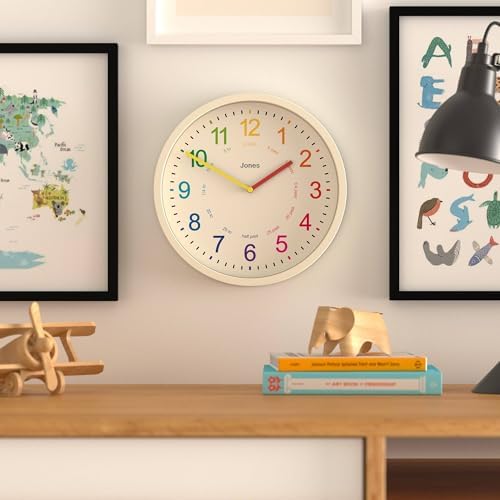 JONES CLOCKS® Kids Wall Clock | Small Modern Children’s Clock | 10 inch | Pale Cream | Colourful Numbers | Learn to Tell The time - Image 2