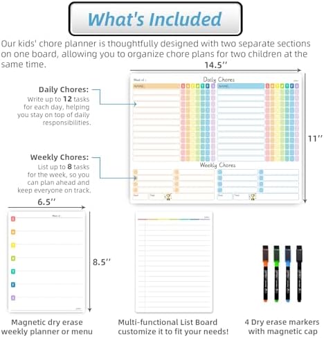 JJPRO Magnetic Chore Chart for Kids Multiple Kids, Adults-Behavior Reward Chore Chart for Fridge Weekly Menu Planner and to Do List for Fridge with 4 Markers - Image 2
