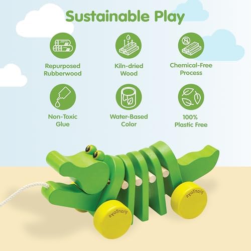 PlanToys® Dancing Alligator Pull Toy for Toddlers | Eco-Friendly Wood Toy with Click-Clack Sound | Walking Toy for Babies - Image 3