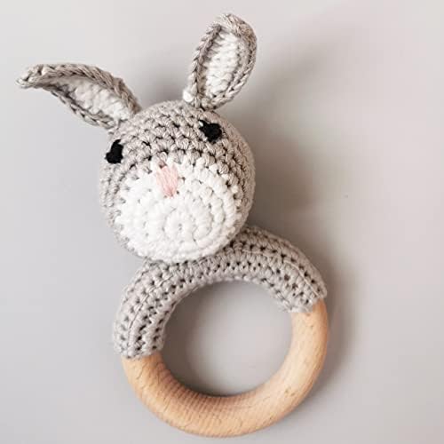 Joliecraft Natural Wooden Baby Rattle Soft Shaker Toy with Teething Ring for Infants Gray Bunny - Image 3