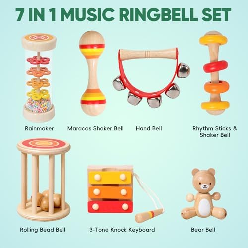 Wooden Baby Rattle Set 7 PCS, Montessori Sensory Musical Toys for Toddlers 0-3, Natural Wood Percussion Shakers & Rattles, Early Learning Gift for Infant Boys Girls - Image 5