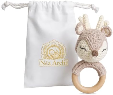 Néa Archí Crochet Baby Rattle, Organic Cotton & Beech Wood, Deer by Unknown