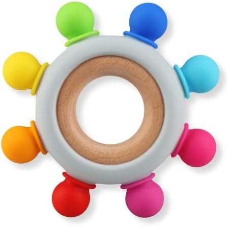 Baby Teething Toys, Silicone Chewable Teethers with Wooden Ring for Soothing Babies Gums, Rudder Chewers Shower Gift for lnfants & Toddlers, 3+ Months (8 Directions, Rainbow) by Kalovin