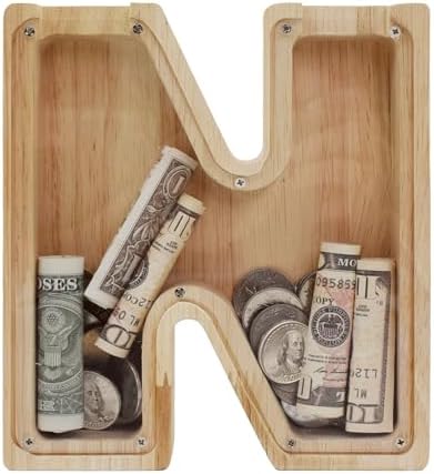 Wooden Letter Piggy Bank for Kids Boys Girls, A-Z Letters Wood Coin Bank Money Box, Piggy Bank for Toddler Family Christmas Birthday Gift(N) by FINDAMAZE