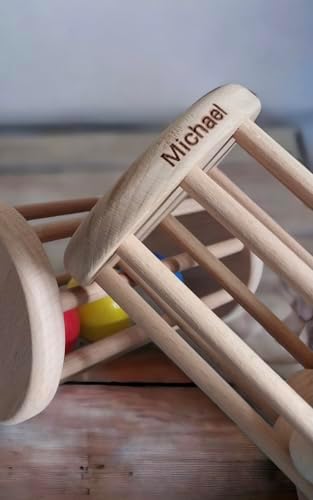 Montessori Wooden Baby Toy Set – Natural Beech Wood Sensory Toys for Infants (0–12 Months) | Rolling Drum, Wooden Rattles, Bell Shaker, Teether Rings | Non-Toxic, Handmade Development Toys - Image 6