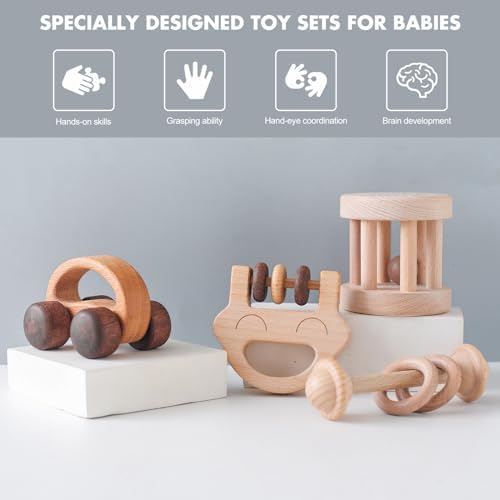Wooden Baby Rattle Set, Newborn Wooden Rattle Toy, Natural Wooden Montessori Baby Grip Toy, Baby Gift Toy, Wood Rattle Set-7 - Image 2