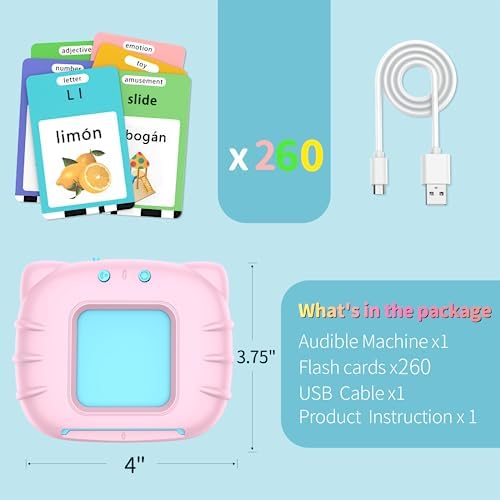 Eaever Spanish English 520 Words Talking-Flash-Cards, Birthday Gift for 3 4 5 6 Year Old Girls, Preschool Learning Toys, Pink - Image 7