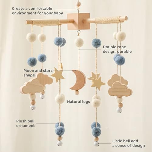 Wooden Bed Bell Crib Mobile with Music Box – Soft Felt Cartoon Bear Hanging Rattle Toy for Nursery Decor, Handcrafted Montessori-Inspired Crib Mobile (Blue) - Image 4