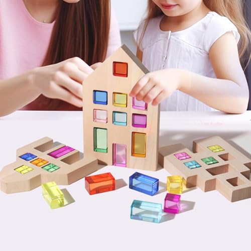 25 Pcs Rainbow Acrylic Building Blocks with 3 Beech Wood Houses, Dual Insert & Stack Sensory Toy, Light Refraction Gem Blocks, Montessori Creative Educational Gift for Toddler Boys Girls 1-5 Years Old - Image 4