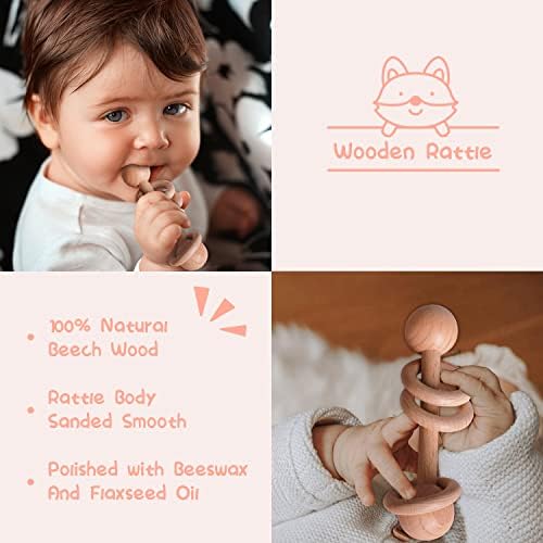 Baby Shower Gifts, Baby Girl Gifts Basket, Unique Baby Gift Essential Stuff Set - Baby Lovey Blanket New Born Bibs Socks Wooden Rattle & Greeting Card, Newborn Baby Gift Set (Fox, Pink) - Image 5