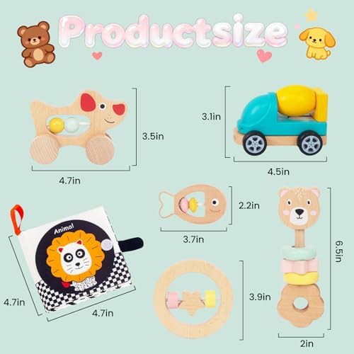 Wooden Rattle for Baby, 6Pcs Montessori Infant Toys Set - Image 2