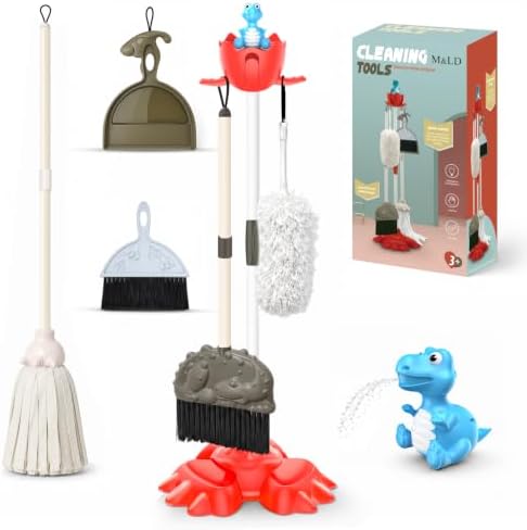 Toddler Dinosaur Cleaning Set with Kids Broom and Mop, Pretend Play Housekeeping Toy – 8 Pcs Spray Dino & Storage Stand, Includes Dustpan Duster, Montessori-Inspired Design, Gift for Boys & Girls 3-6 by Unknown